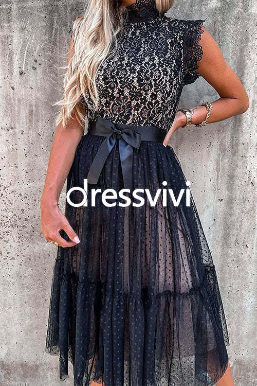 Fashion Style Mockneck Sleeveless Lace Swing Dress