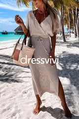 Wrap V Neck Tie Waist Side Split Cover Up Dress