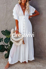 V Neck Short Sleeve Tie Waist Swing Beach Dress