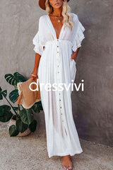 V Neck Short Sleeve Tie Waist Swing Beach Dress