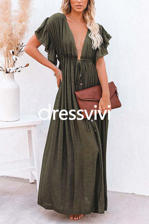 V Neck Short Sleeve Tie Waist Swing Beach Dress