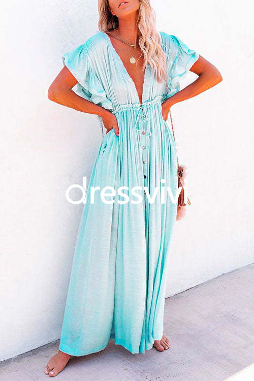 V Neck Short Sleeve Tie Waist Swing Beach Dress