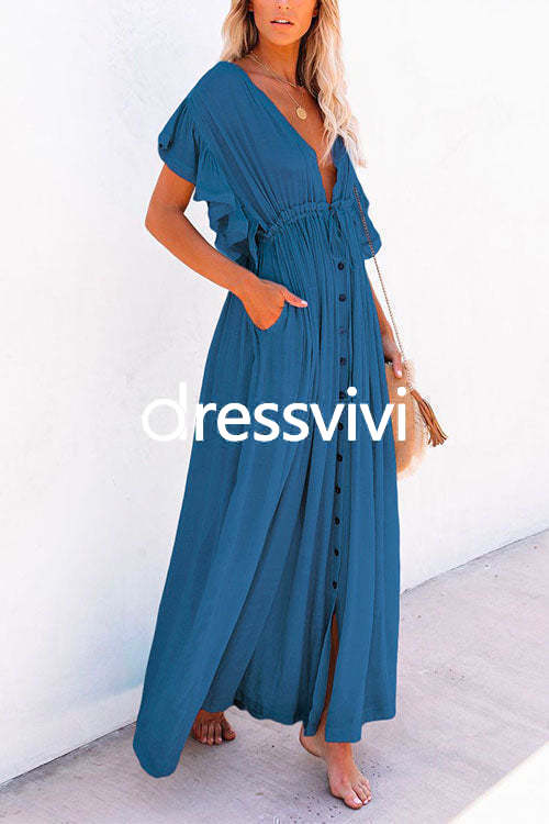 V Neck Short Sleeve Tie Waist Swing Beach Dress