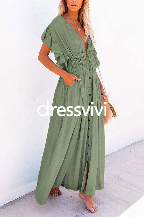 V Neck Short Sleeve Tie Waist Swing Beach Dress