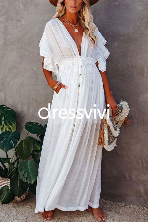 V Neck Short Sleeve Tie Waist Swing Beach Dress