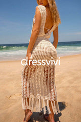 Tassel Sleeveless Hollow Out Cover Up Dress