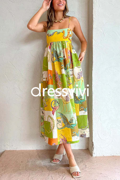 Bow Knot Back Dinosaur Printed Cami Maxi Holiday Dress