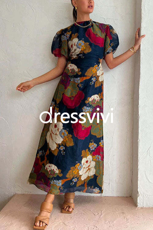 Puff Sleeve Cut Out Waist Floral Maxi Swing Dress