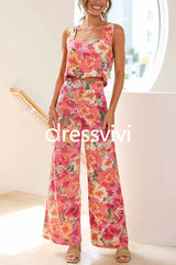 Floral Printed Square Collar Crop Tank Top Wide Leg Pants Set