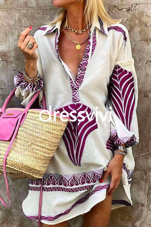 Lapel V Neck Long Sleeve Printed Shirt Dress