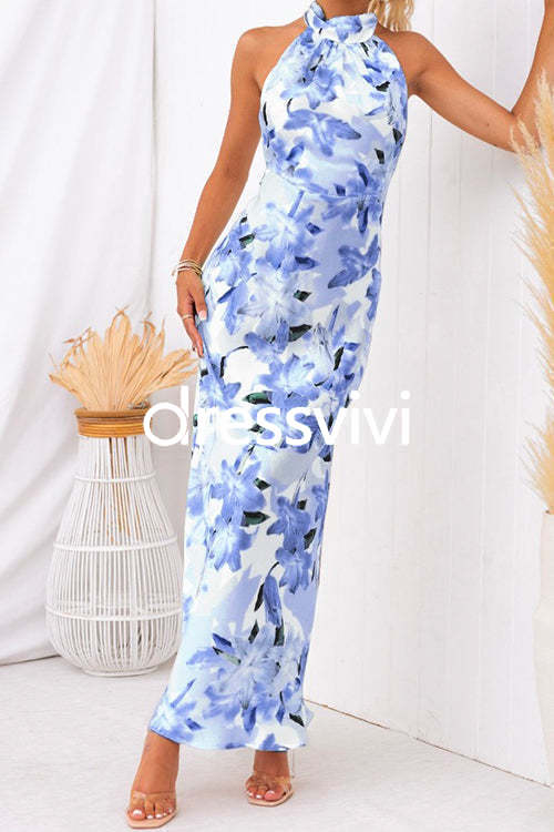 Tie Neck Backless Floral Printed Maxi Flowy Dress