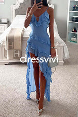 V Neck Ruffle Trim High Low Hem Party Cami Dress