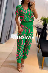 V Neck Short Sleeve Tunic Top High Waist Harem Joggers Printed Set