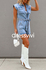 Button Up Short Sleeves Tie Waist Distressed Denim Romper