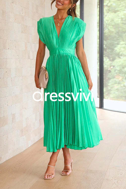 Deep V Neck Waisted Maxi Pleated Swing Dress