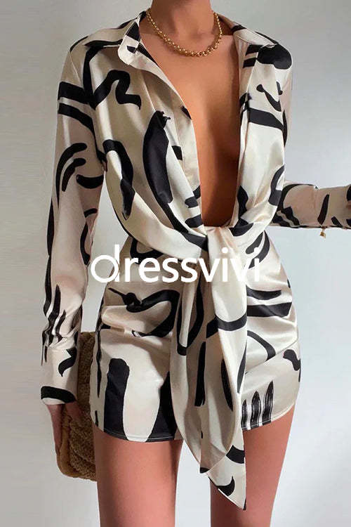 Lapel Long Sleeve Tie Knot Front Printed Mini Dress