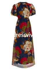 Puff Sleeve Cut Out Waist Floral Maxi Swing Dress