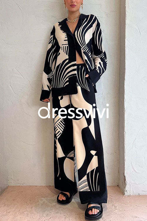 Graphic Printed Long Sleeve Blouse Shirt Wide Leg Pants 2 Pieces Set