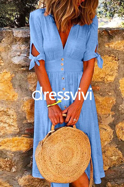 V Neck Bow Knot Sleeves Button Down Midi Swing Dress