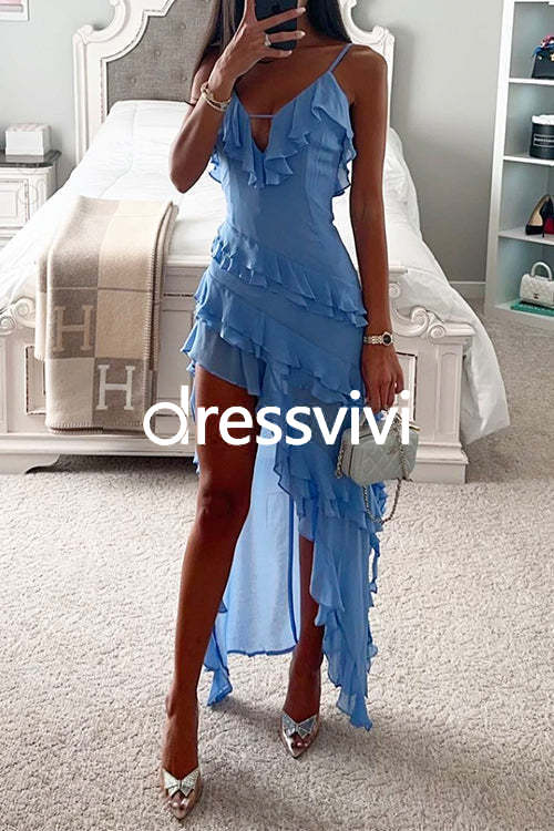 V Neck Ruffle Trim High Low Hem Party Cami Dress