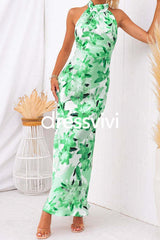 Tie Neck Backless Floral Printed Maxi Flowy Dress