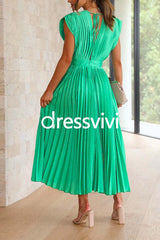 Deep V Neck Waisted Maxi Pleated Swing Dress