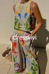 Cartoon Printed Crop Tank Top Elastic Waist Wide Leg Pants Set