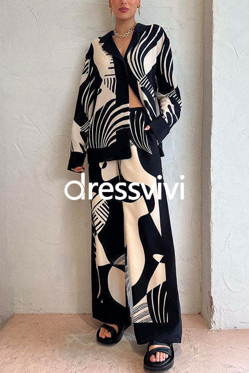 Graphic Printed Long Sleeve Blouse Shirt Wide Leg Pants 2 Pieces Set