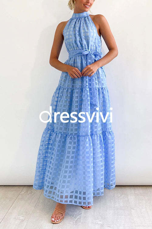 Mockneck Tie Waist Ruffle Tiered Plaid Mesh Maxi Swing Dress