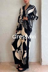 Graphic Printed Long Sleeve Blouse Shirt Wide Leg Pants 2 Pieces Set