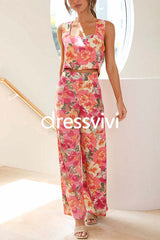 Floral Printed Square Collar Crop Tank Top Wide Leg Pants Set