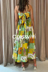 Bow Knot Back Dinosaur Printed Cami Maxi Holiday Dress