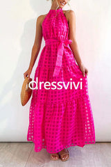 Mockneck Tie Waist Ruffle Tiered Plaid Mesh Maxi Swing Dress