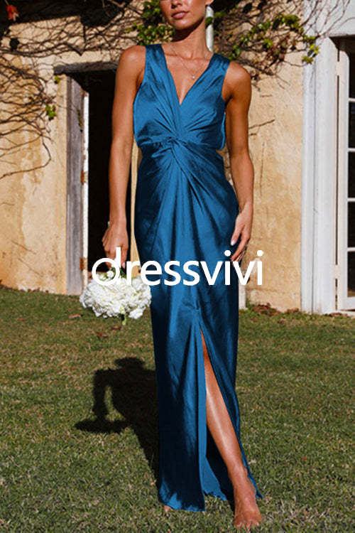 V Neck Twist Front Slit Maxi Satin Dress