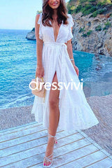 Ruffle Slit Lace Hollow Out Midi Vacation Dress