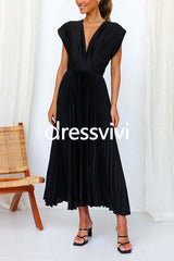 Deep V Neck Waisted Maxi Pleated Swing Dress