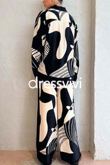 Graphic Printed Long Sleeve Blouse Shirt Wide Leg Pants 2 Pieces Set