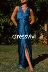 V Neck Twist Front Slit Maxi Satin Dress