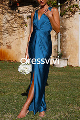 V Neck Twist Front Slit Maxi Satin Dress