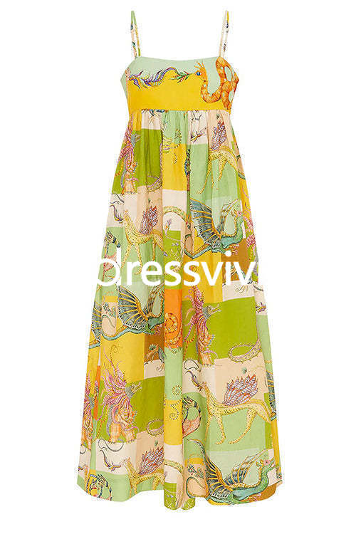 Bow Knot Back Dinosaur Printed Cami Maxi Holiday Dress