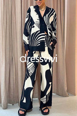 Graphic Printed Long Sleeve Blouse Shirt Wide Leg Pants 2 Pieces Set