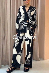 Graphic Printed Long Sleeve Blouse Shirt Wide Leg Pants 2 Pieces Set