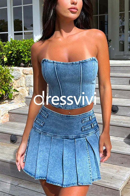 Crop Tube Top High Rise Slit Pleated Mini Skirt Denim Set