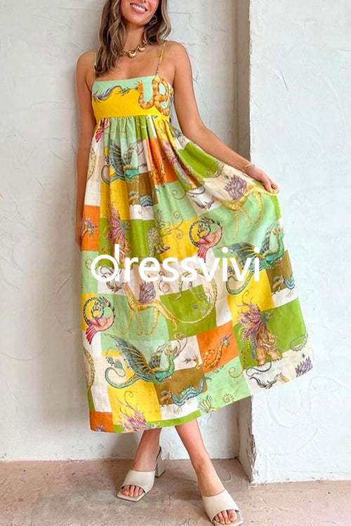 Bow Knot Back Dinosaur Printed Cami Maxi Holiday Dress