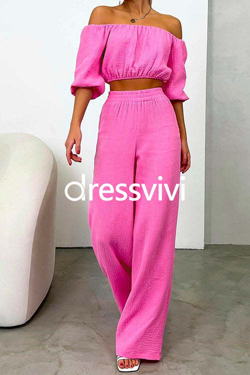 Off Shoulder Half Sleeves Crop Top Wide Leg Pants Set