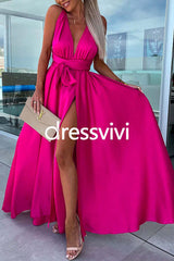 One Dress Three Ways Tie Waist High Slit Maxi Party Dress