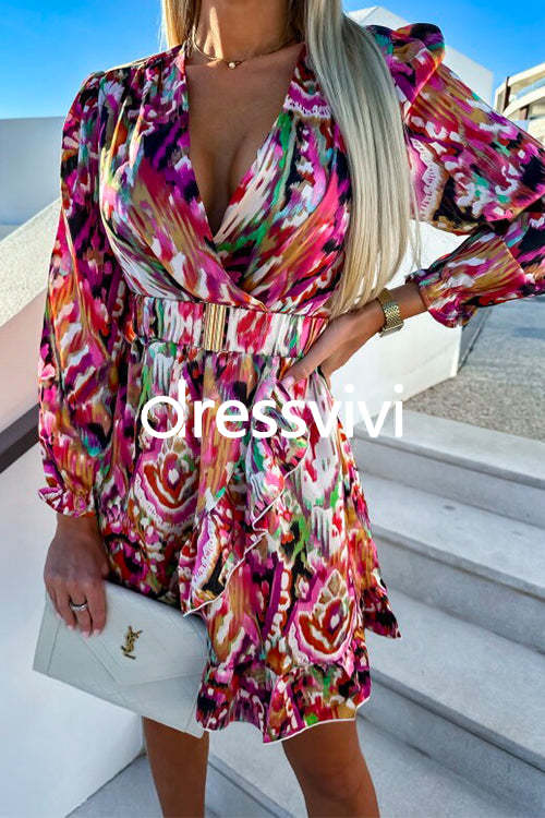 Printed V Neck Long Sleeve Belted Ruffle Swing Dress