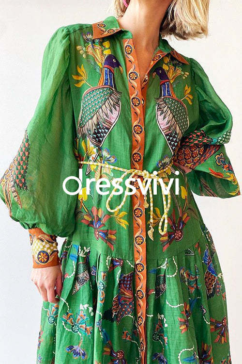 Puff Sleeves Button Down Birdie Printed Maxi Shirt Dress