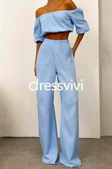 Off Shoulder Half Sleeves Crop Top Wide Leg Pants Set