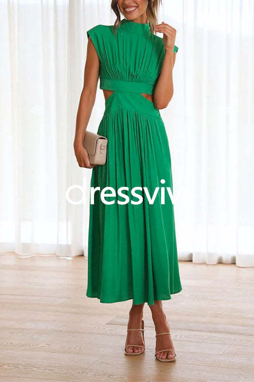 Solid Mockneck Cut Out Maxi A-line Swing Dress